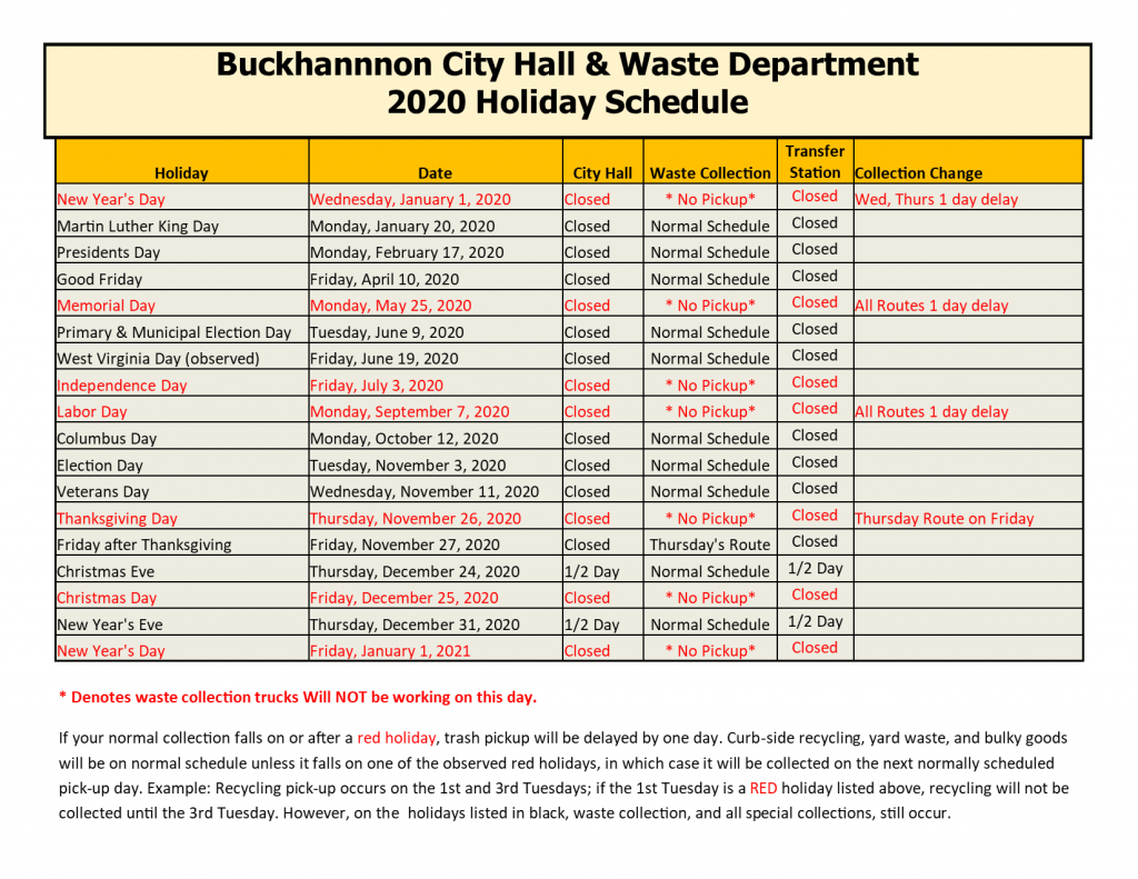CITY OF BUCKHANNON » Holiday Schedule